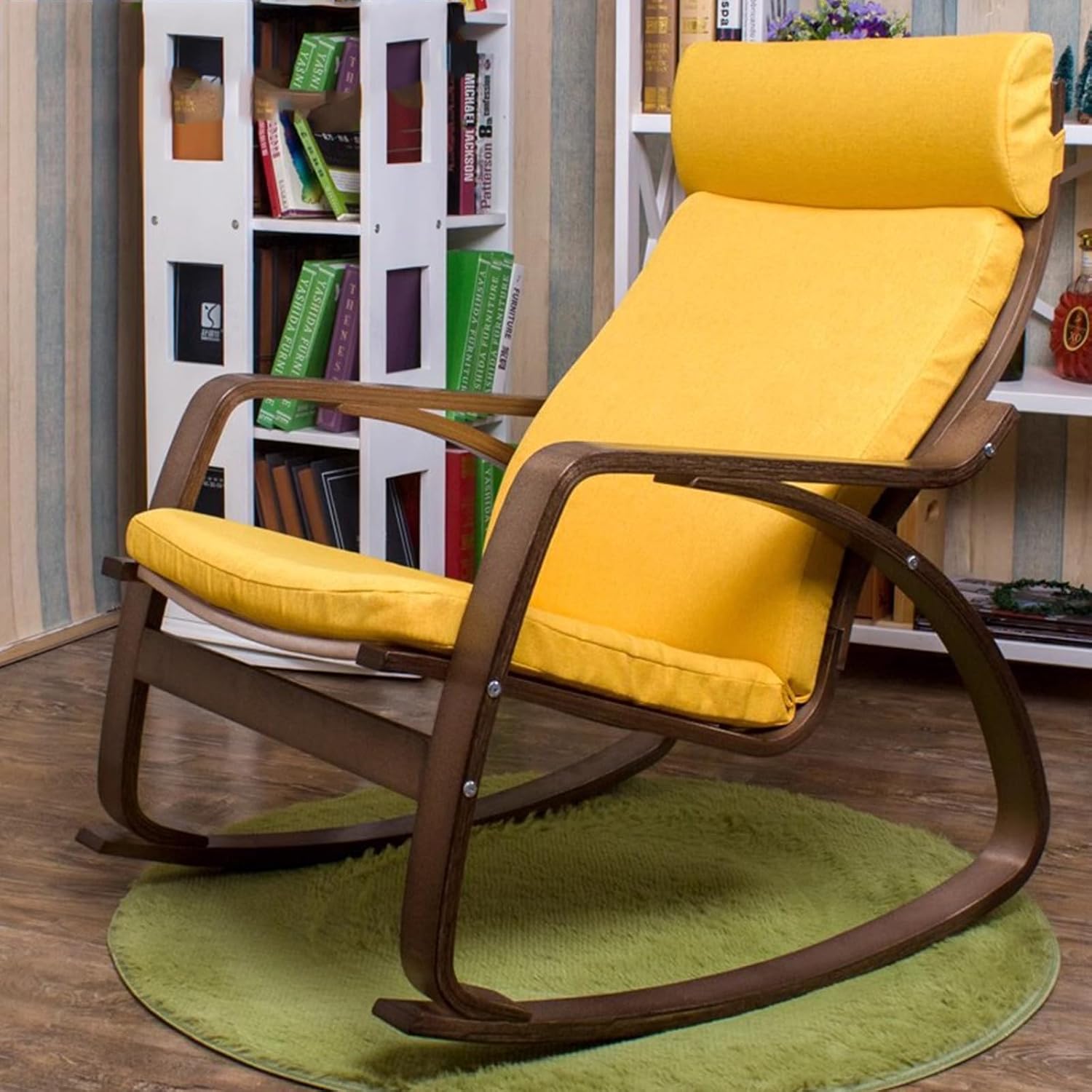 Rocking Chair Indoor, Glider Rocking Chair with High Backrest, Modern Accent Chair Nursery Chair with Wood Legs, Comfy Armchair Rocking Chairs for Living Room, Bedroom, Offices,Yellow b