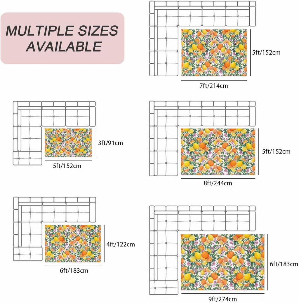 Orange Lemons Outdoor Rug for Patio/Deck/Porch, Non-Slip Large Area Rug 4 x 6 Ft, Summer Botanical Pastoral Elegant Indoor Outdoor Rugs Washable Area Rugs, Reversible Camping Rug Carpet Runner
