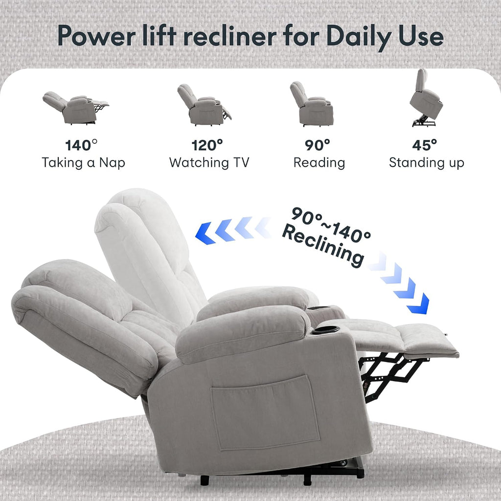 FLEXISPOT XL31 Power Lift Recliner Chair for Elderly, Electric Lift Chair with Massage & Heat, Fabric Reclining Sofa w/USB & Type-C Charging for Living Room Bedroom(Medium Size, Silver-Gray)