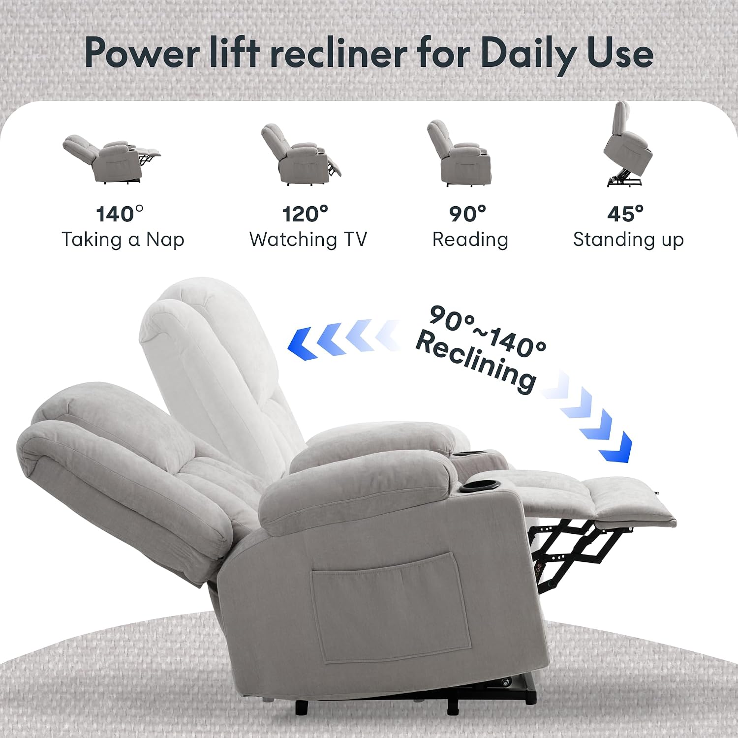 FLEXISPOT XL31 Power Lift Recliner Chair for Elderly, Electric Lift Chair with Massage & Heat, Fabric Reclining Sofa w/USB & Type-C Charging for Living Room Bedroom(Medium Size, Silver-Gray)