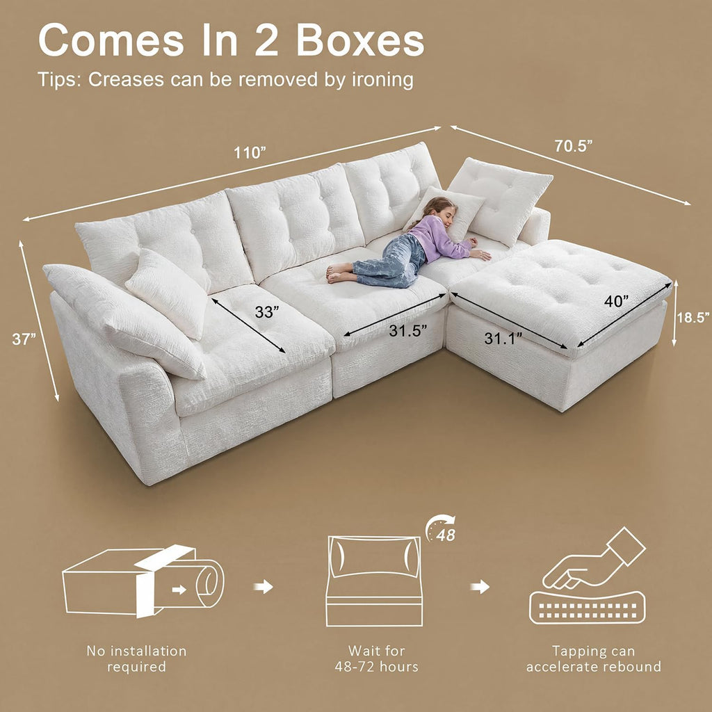110' Cloud Sectional Couches L-Shaped Modular Boneless Chenille Sofa Couches with Deep Seat Ottoman and Side Pockets, Module Combination for Living Room 3 Seater