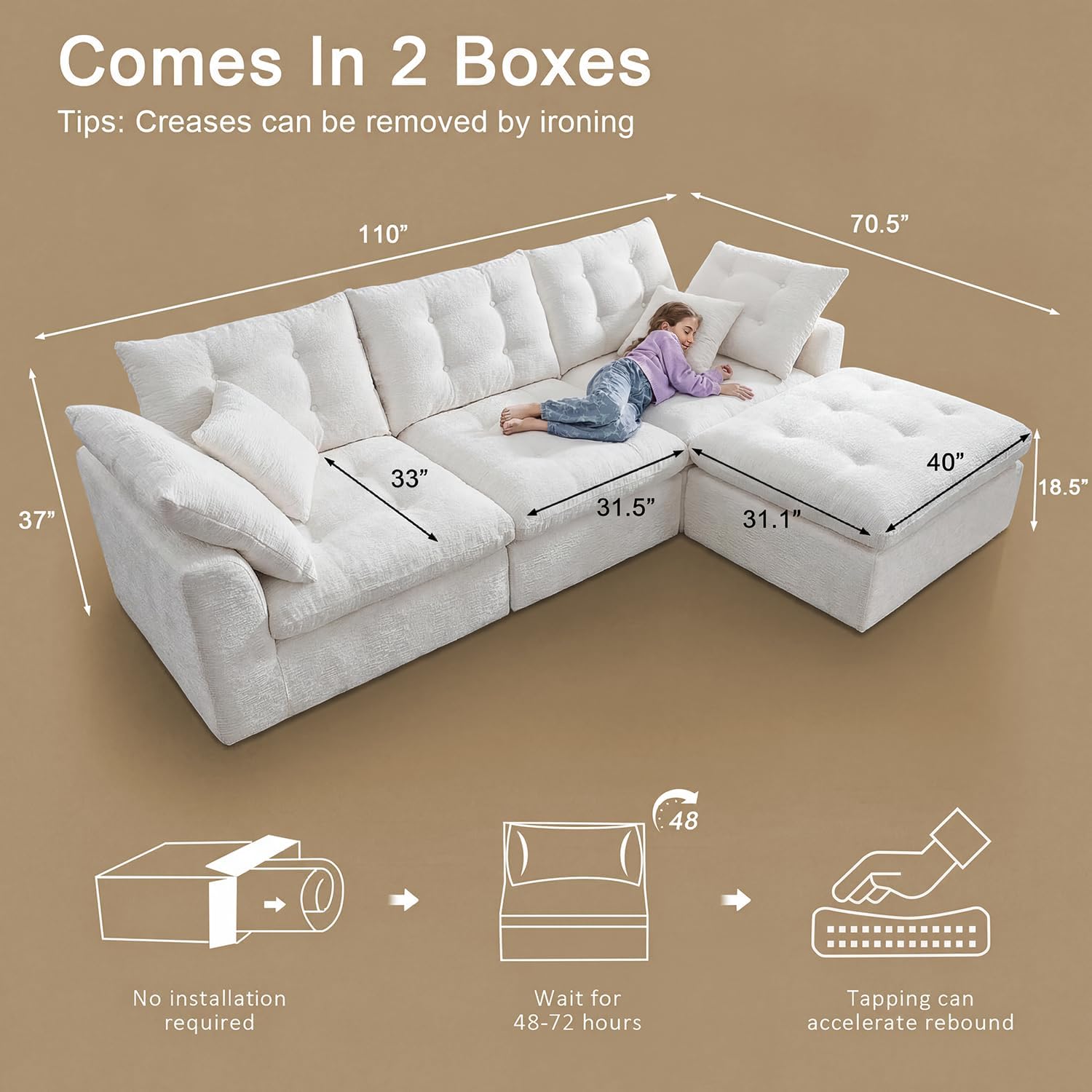 110' Cloud Sectional Couches L-Shaped Modular Boneless Chenille Sofa Couches with Deep Seat Ottoman and Side Pockets, Module Combination for Living Room 3 Seater