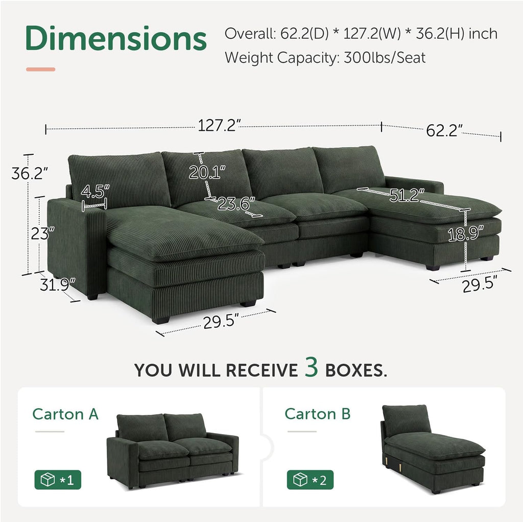 HONBAY 127.2 Inch Corduroy Cloud Modular Sectional Sofa with Chaise, Deep Seat U-Shaped Couch with Storage for Living Room, Apartment, Small Space,Green