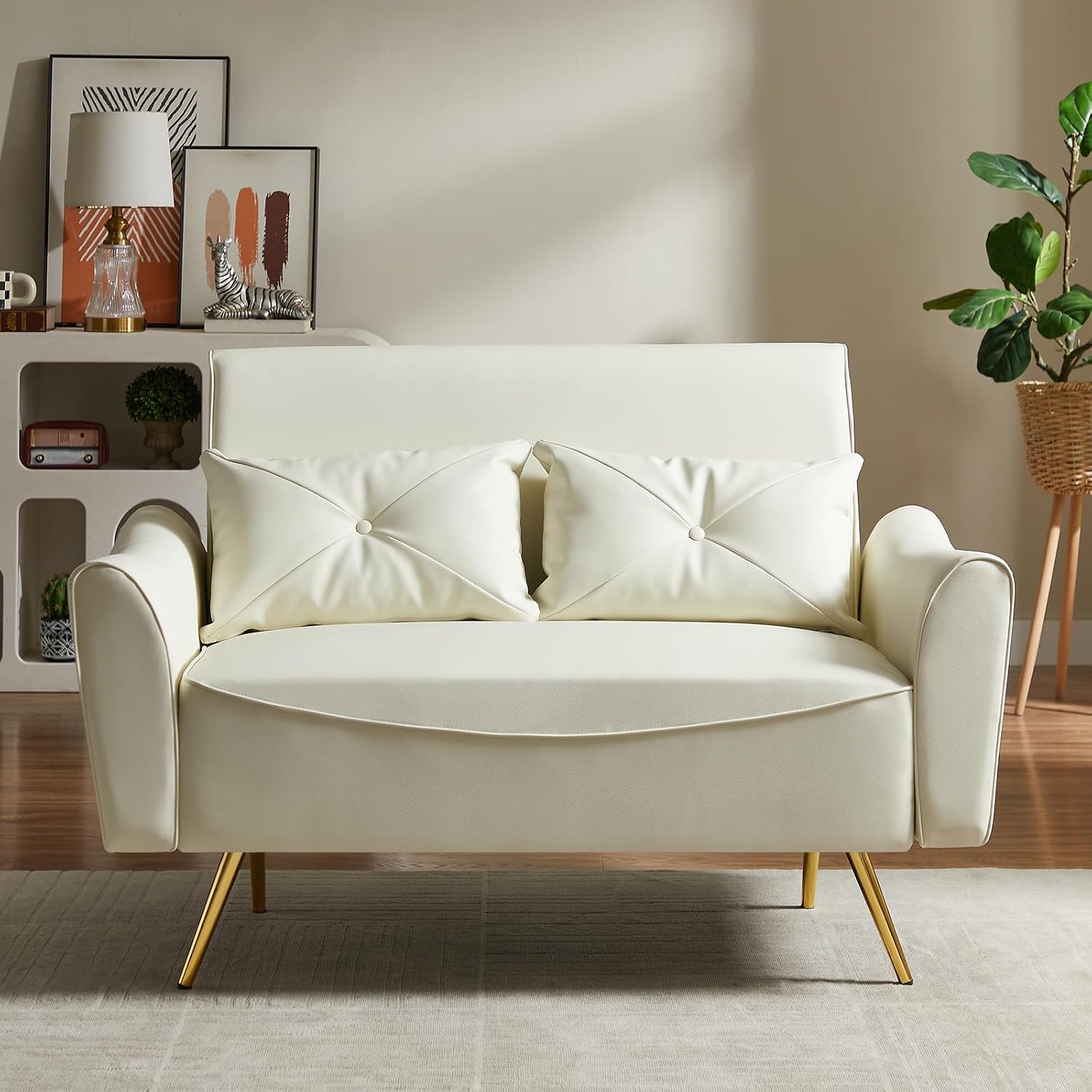Brelice 48' Faux Leather Loveseat Sofa, Modern Small Couch for Small Space with 2 Pillows, 2 Seater Couch for Living Room, Bedroom, Office, Apartment (Beige)
