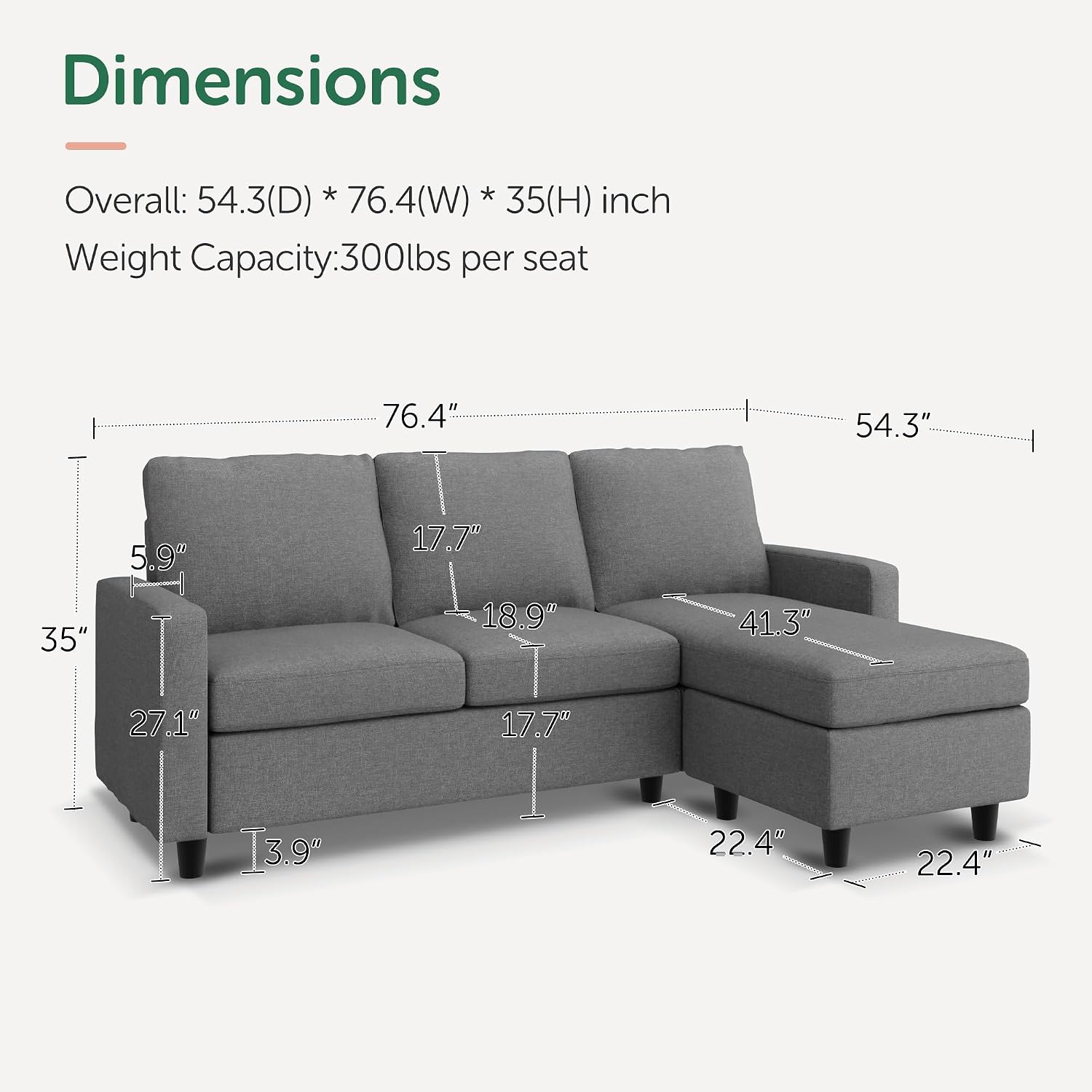 HONBAY Convertible Sectional Sofa, L Shaped Couch with Reversible Chaise, Sectional Couch for Small Space Apartment, Mid Grey