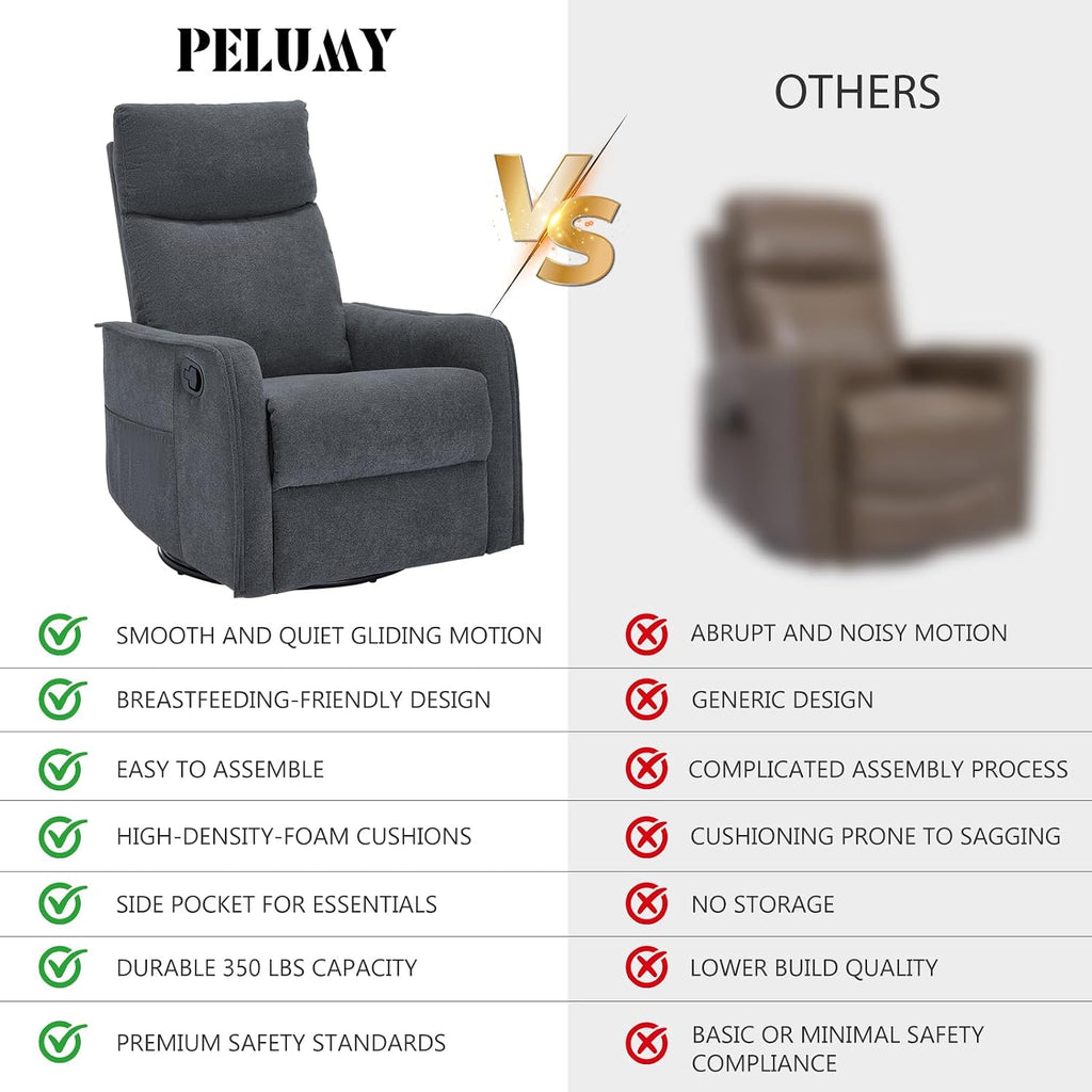 PELUMY 360 Swivel Rocking Recliner Chair for Adults, Nursery Rocking Chair with Heat and Massage, Glider Reclining Chair for Small Space, Living Room, Bedroom (Dark Grey)