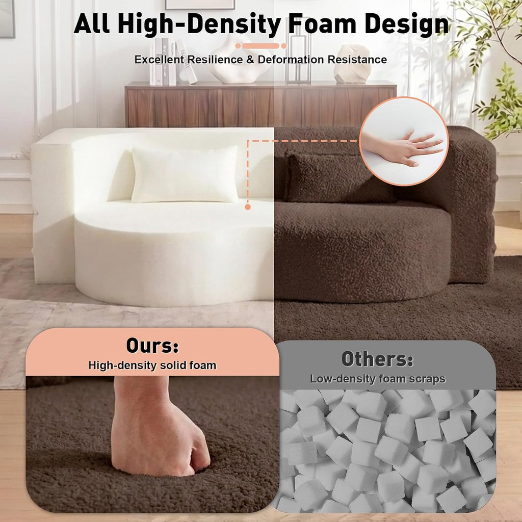 78' Full Size Convertible Folding Sofa Bed, Modern Teddy Fabric Futon Sofa Bed with 2 Pillows, Foam Mattress Futon Loveseat Couch, No Assembly Floor Couches for Living Room, Playroom, Apartment, Brown