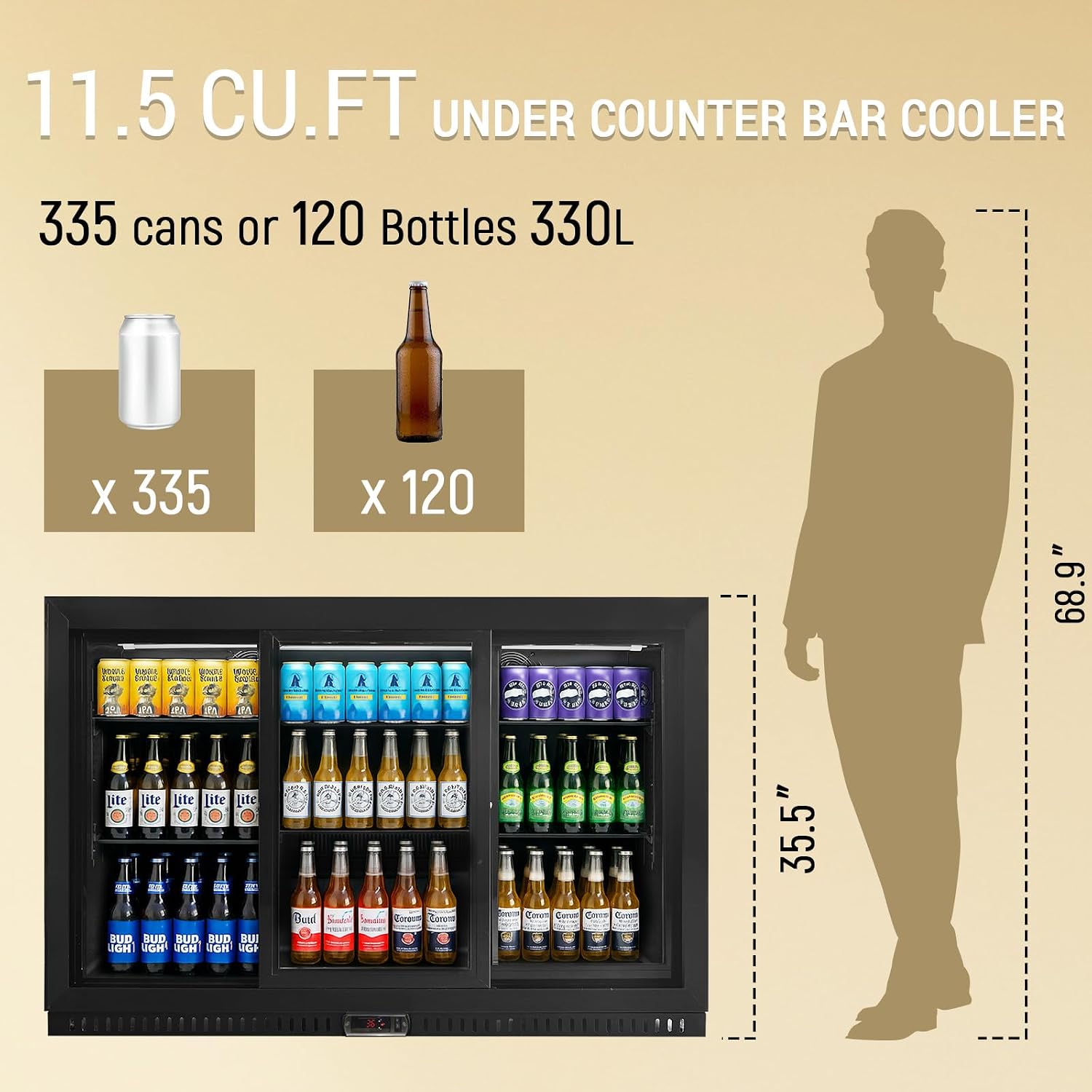 Commercial Back Bar Cooler with 3 Glass Doors, LED Lighting, 11.5 cu.ft Under Counter Beverage Refrigerator, ETL Certified Beer and Wine Cooler for Bar, Restaurant, Garage, Office, Home