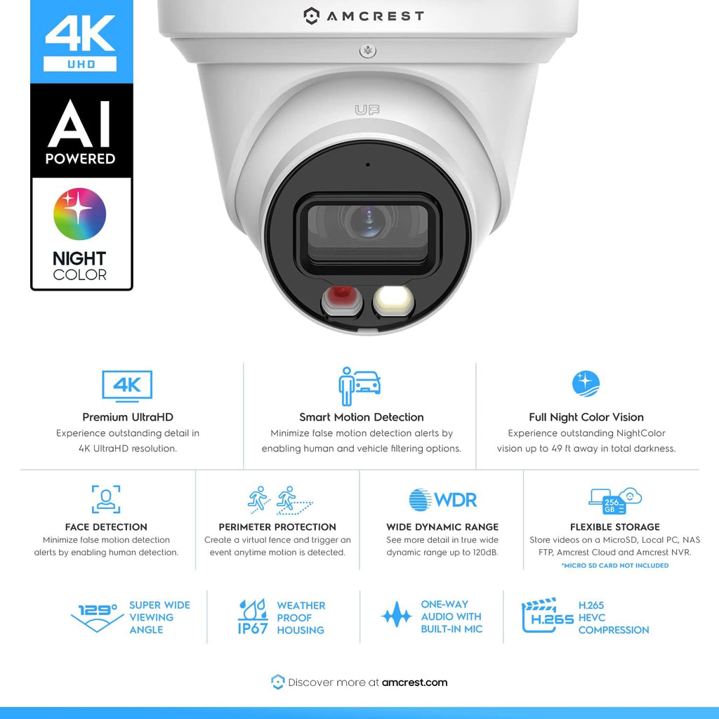 Amcrest 4K Security Camera System, 4K 8CH PoE NVR, (4) x 8-Megapixel Night Color Turret POE IP Cameras (IP8M-2779EW-AI), Active Deterrent, Pre-Installed 2TB Hard Drive, NV4108E-2779EW4-2TB (White)