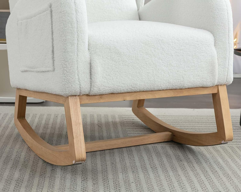 Antetek Rocking Glider Chair for Nursery, Wingback Teddy Upholstered Rocker Chair with High Backrest, Modern Indoor Accent Reading Arm Chair for Living Room, Hotel, Bedroom, Baby Room, Ivory