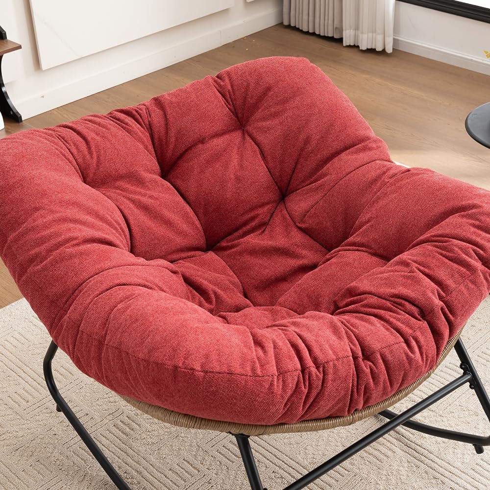 Outdoor Papasan Chair, Oversized Rocking Chair with Cushion and Metal Frame, Patio Lounge Rocking Chair for Balcony Backyard Porch Bedroom Living Room (Red)