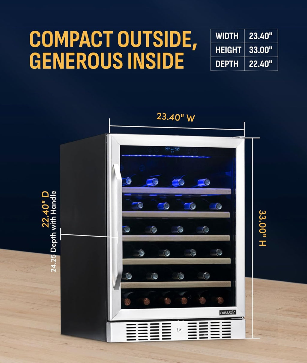 NewAir 24' Wine Fridge for 52 Bottles | Built-In or Freestanding Wine Cooler Refrigerator with Glass Door | Precision Cooling, Slide-Out Shelves & Quiet Compressor System | Stainless Steel