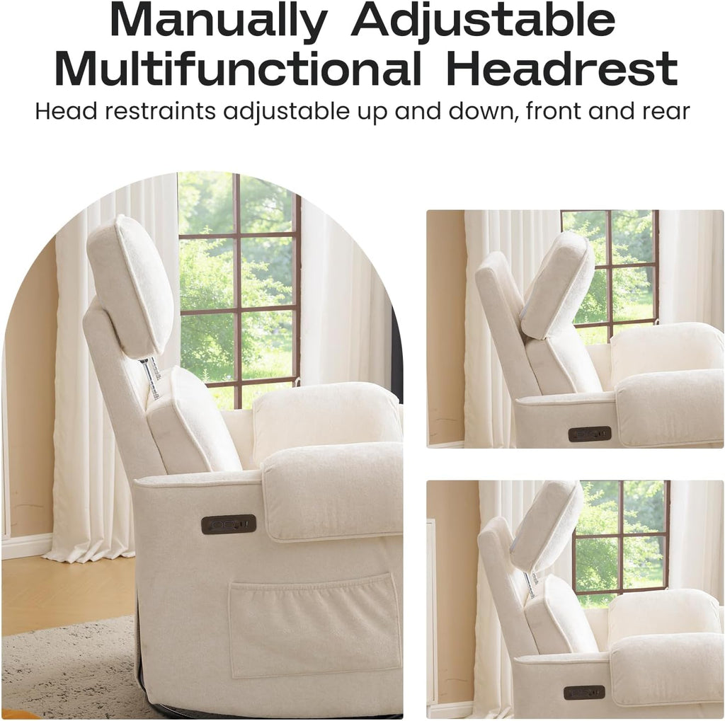 Chenille Rocking Chair Nursery with Adjustable Headrest, 24' Extra Wide Swivel Rocker Recliner with Overstuffed Armrest, Oversized Power Rocker Recliner with USB Ports, Cream