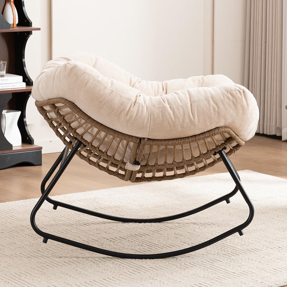 Outdoor Papasan Chair, Oversized Rocking Chair with Cushion and Metal Frame, Patio Lounge Rocking Chair for Balcony Backyard Porch Bedroom Living Room (Beige)