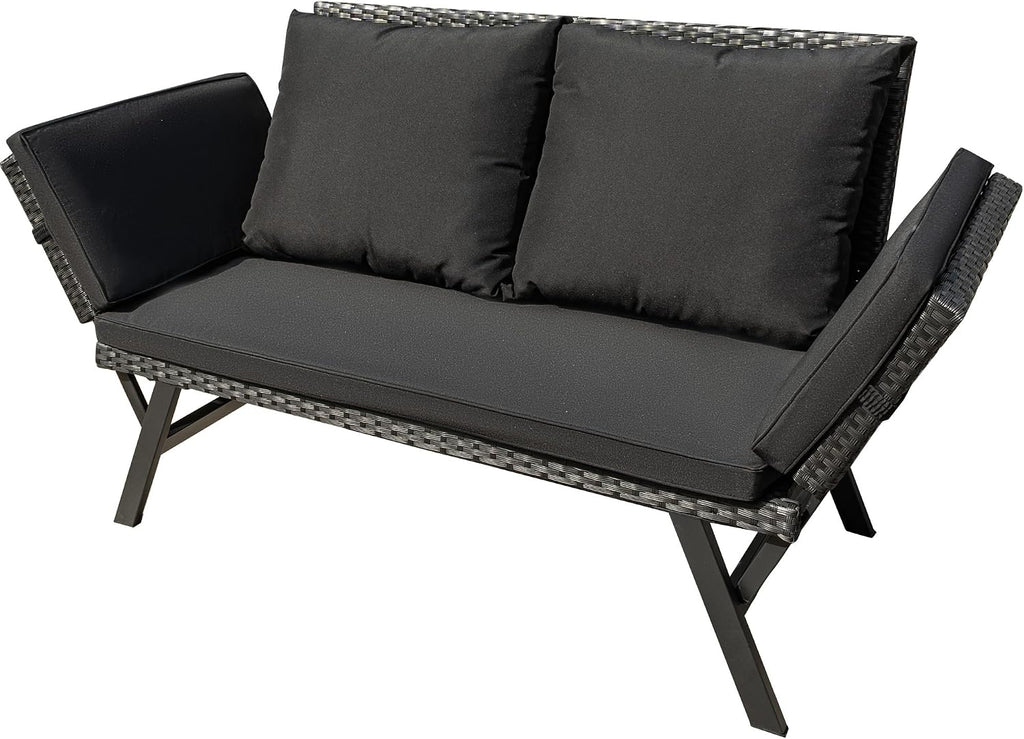 Greesum Outdoor Sofa, Woven Rattan Patio Furniture, Convertible Daybed or Double Chair with Adjustable Armrests, Cushions and Pillows for Yard, Porch, Pool, Black Lounger & Black Pillowcase