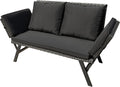 Greesum Outdoor Sofa, Woven Rattan Patio Furniture, Convertible Daybed or Double Chair with Adjustable Armrests, Cushions and Pillows for Yard, Porch, Pool, Black Lounger & Black Pillowcase