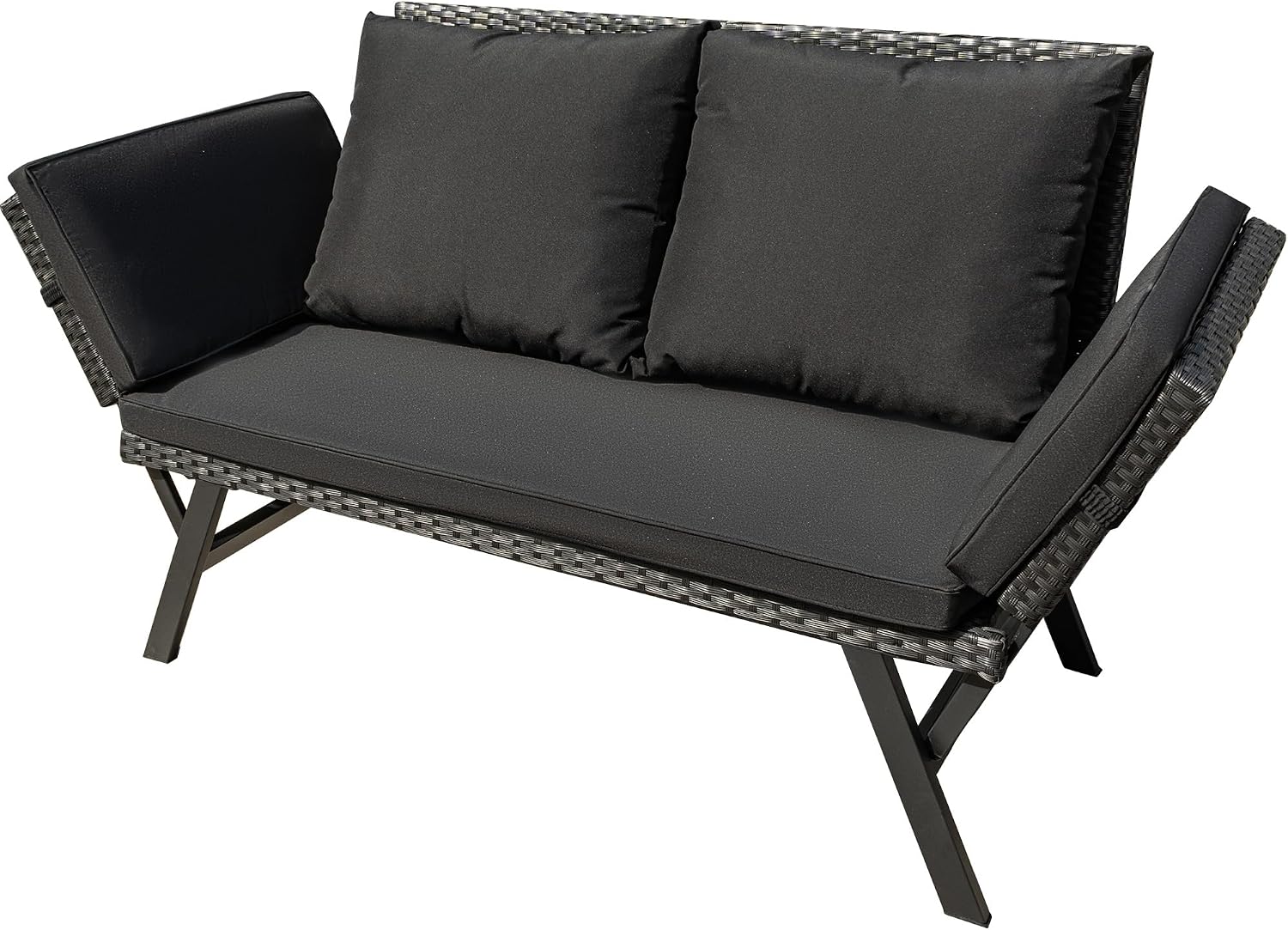 Greesum Outdoor Sofa, Woven Rattan Patio Furniture, Convertible Daybed or Double Chair with Adjustable Armrests, Cushions and Pillows for Yard, Porch, Pool, Black Lounger & Black Pillowcase