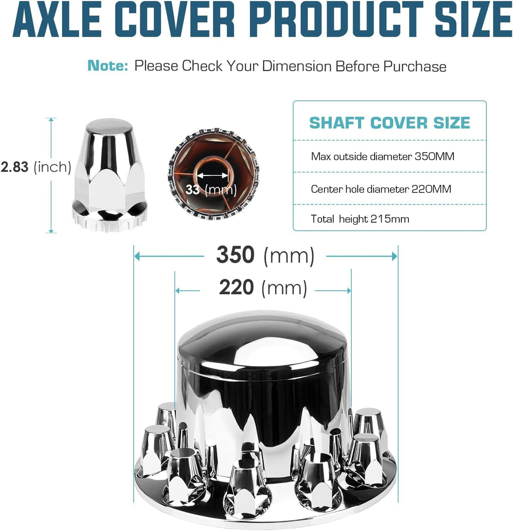 Rear Axle Wheel Covers Kit 33mm Axle Cover Chromed Thread-On Standart Lug Nut Covers with Removable Hub Caps for Semi Truck (Installation Tool Included)