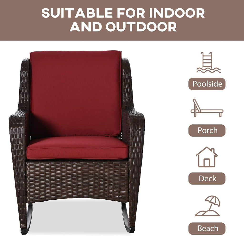Outsunny Outdoor Wicker Rocking Chair with Wide Seat, Thick Cushions, Rattan Rocker with Steel Frame, High Weight Capacity for Patio, Garden, Backyard, Wine Red