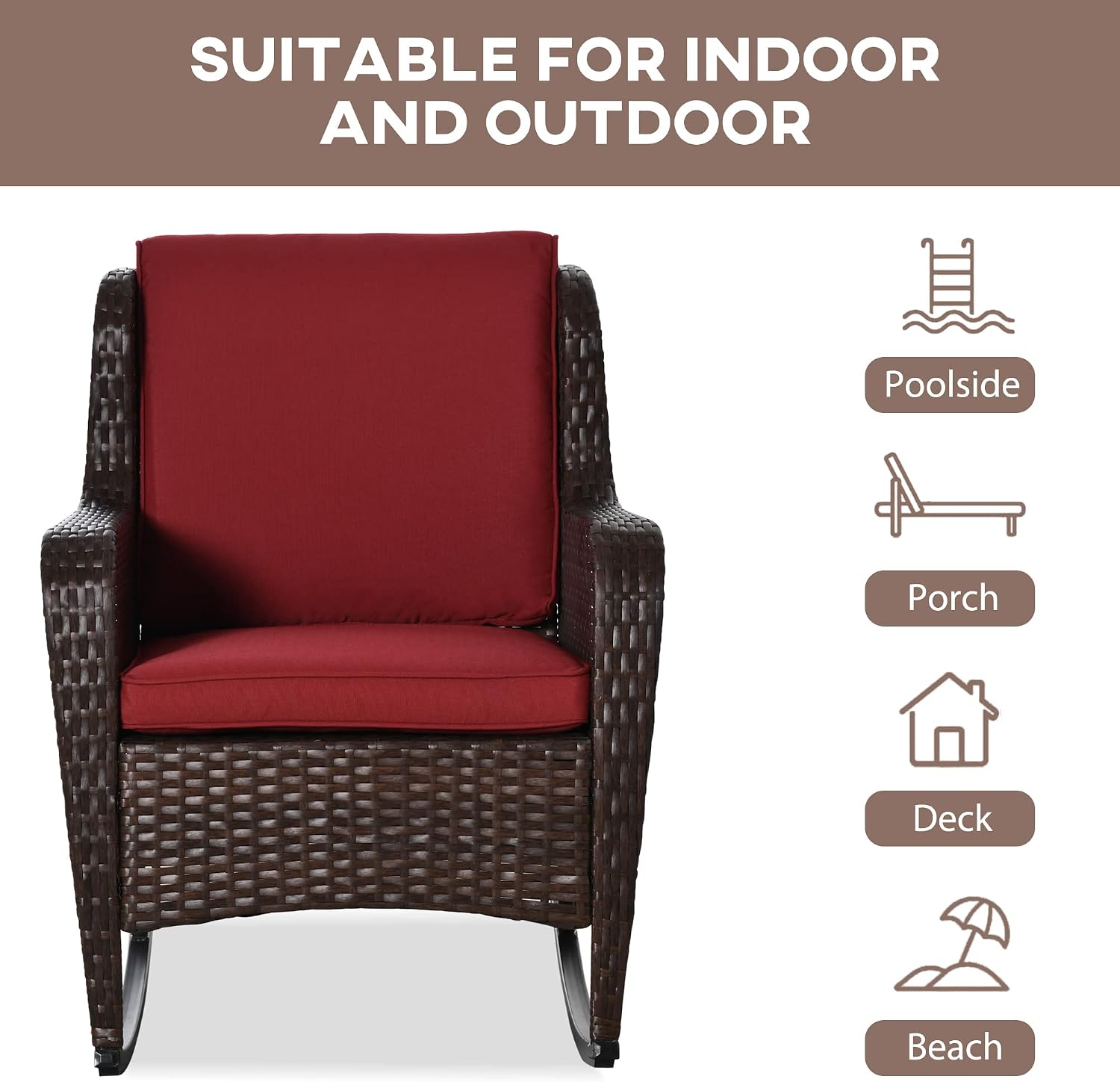 Outsunny Outdoor Wicker Rocking Chair with Wide Seat, Thick Cushions, Rattan Rocker with Steel Frame, High Weight Capacity for Patio, Garden, Backyard, Wine Red