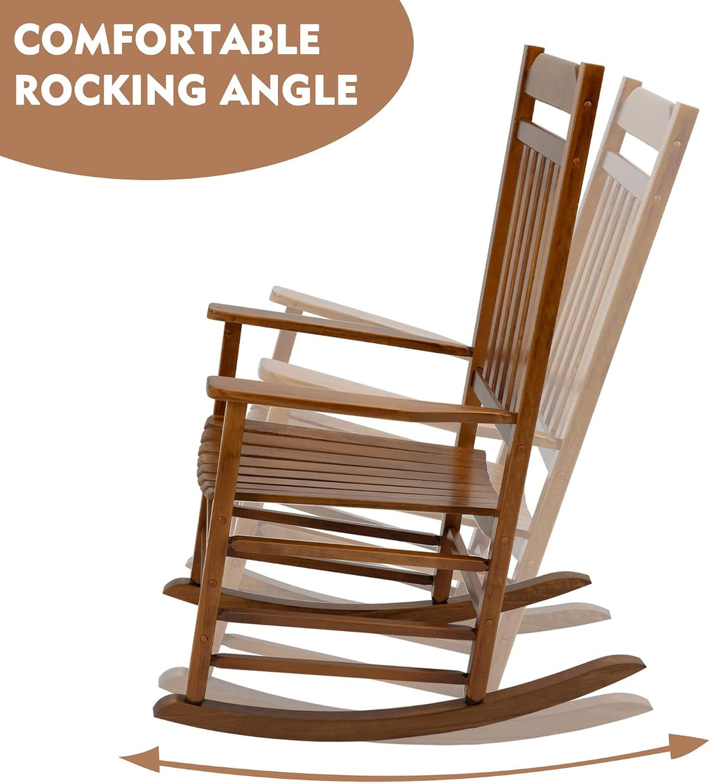 Kozyard Wooden Rocking Chair, Solid Wood Outdoor Rocker Chair with High Back & Slatted Seat, Ergonomic Porch Rocking Chair for Patio, Balcony, Garden, Indoor Outdoor Use (Natural)