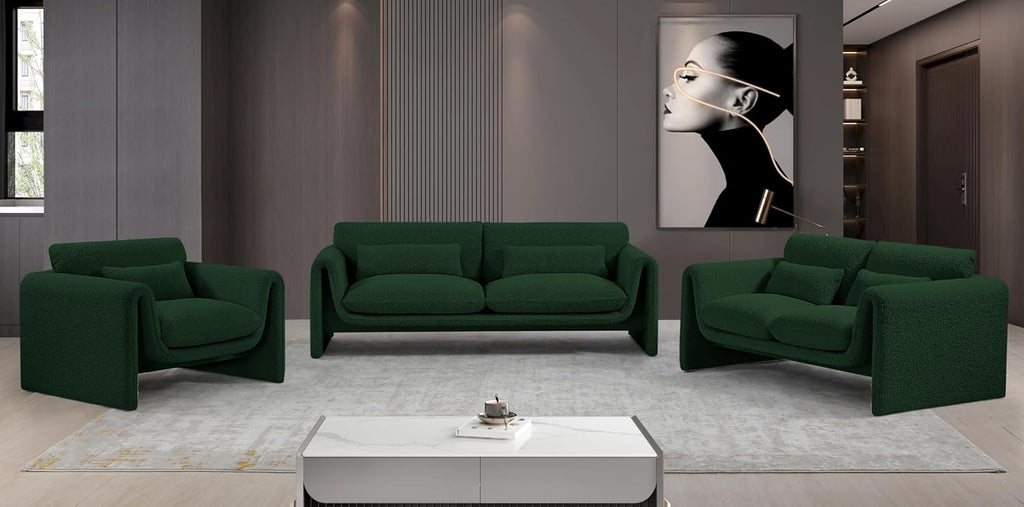 Meridian Furniture 198Green-S Stylus Collection Modern | Contemporary Boucle Fabric Upholstered Sofa with Rich Green Boucle Fabric, Curved Arms, 86' W x 38' D x 31' H, Green