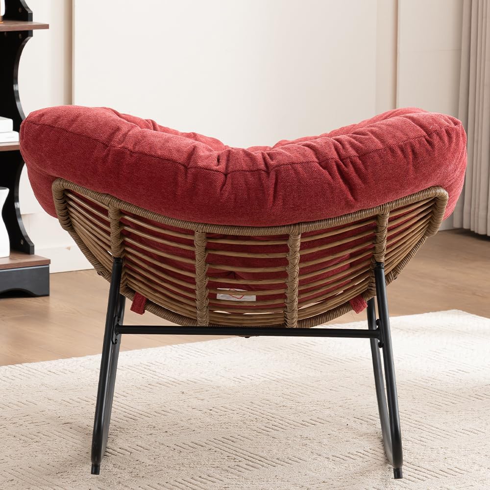 Outdoor Papasan Chair, Oversized Rocking Chair with Cushion and Metal Frame, Patio Lounge Rocking Chair for Balcony Backyard Porch Bedroom Living Room (Red)