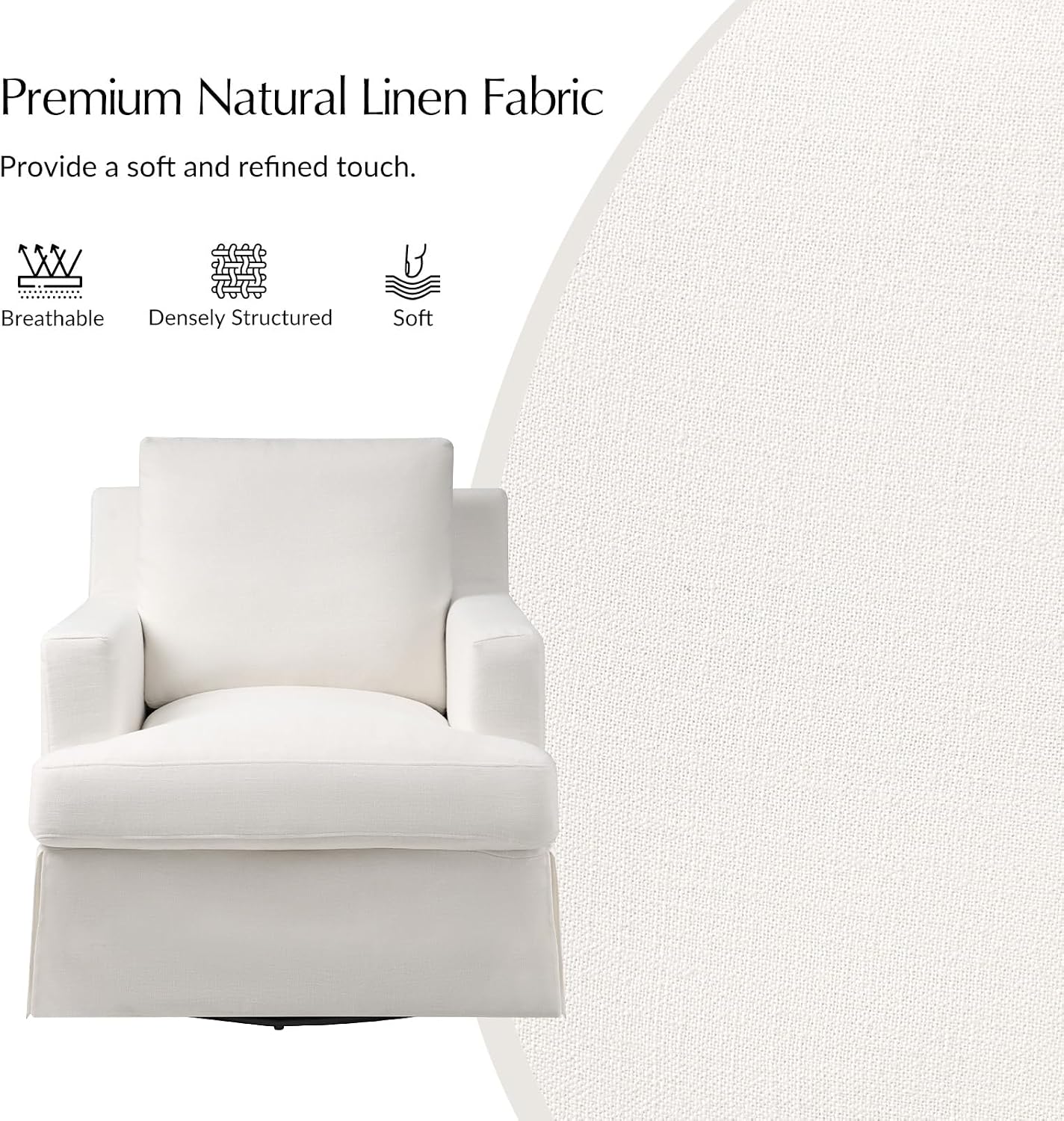 HULALA HOME Swivel Rocker Chair with Solid Wood Frame, Farmhouse Swivel Rocking Accent Chair with Washable Slipcover, Upholstered Barrel Armchair Down Blend Back and Seat Cushions, White