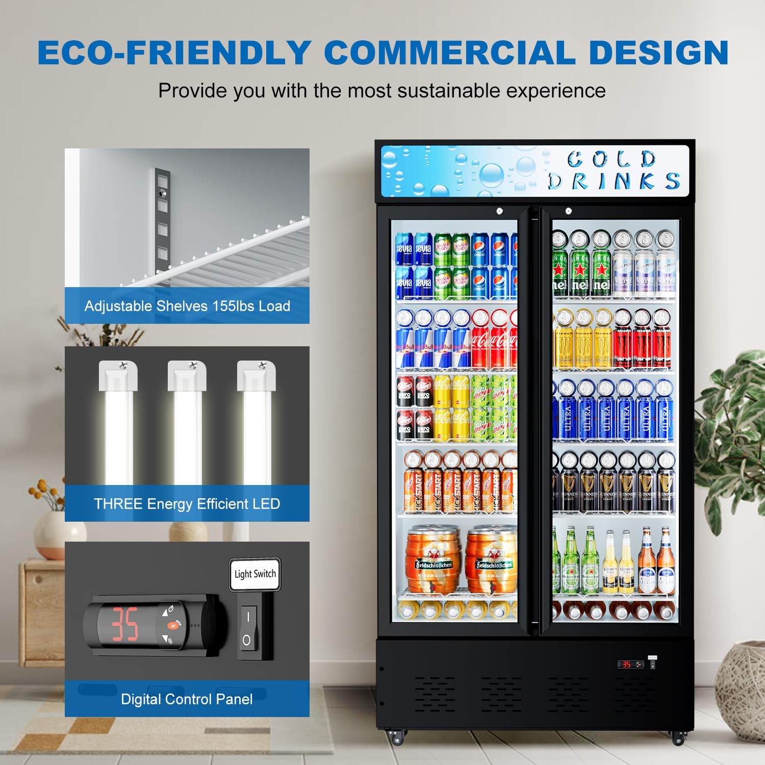 Commercial Beverage Refrigerator, 30 Cu.ft. Fridge Display Glass Door Upright Display Door with Adjustable Shelves LED Light for Restaurant,Grocery Stores,Office