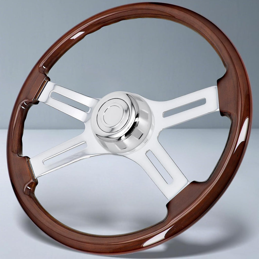 Sorghum 18' Solid Wood Steering Wheel - 4 Spokes Aluminum Chrome Classic Steering Wheel with Horn Button for Semi-Trailers Trucks Compatible with Mack Kenworth Peterbilt Volvo Freightliner