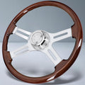Sorghum 18' Solid Wood Steering Wheel - 4 Spokes Aluminum Chrome Classic Steering Wheel with Horn Button for Semi-Trailers Trucks Compatible with Mack Kenworth Peterbilt Volvo Freightliner