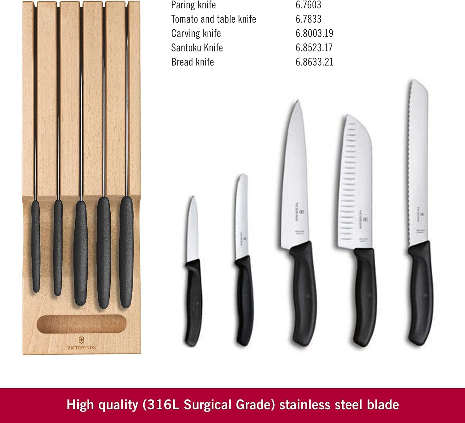 Victorinox Swiss Classic In-Drawer Holder & Knife Set - Includes Organizer and Bread, Santoku, Carving, Paring, Tomato, & Table Knives - 6-Piece Set