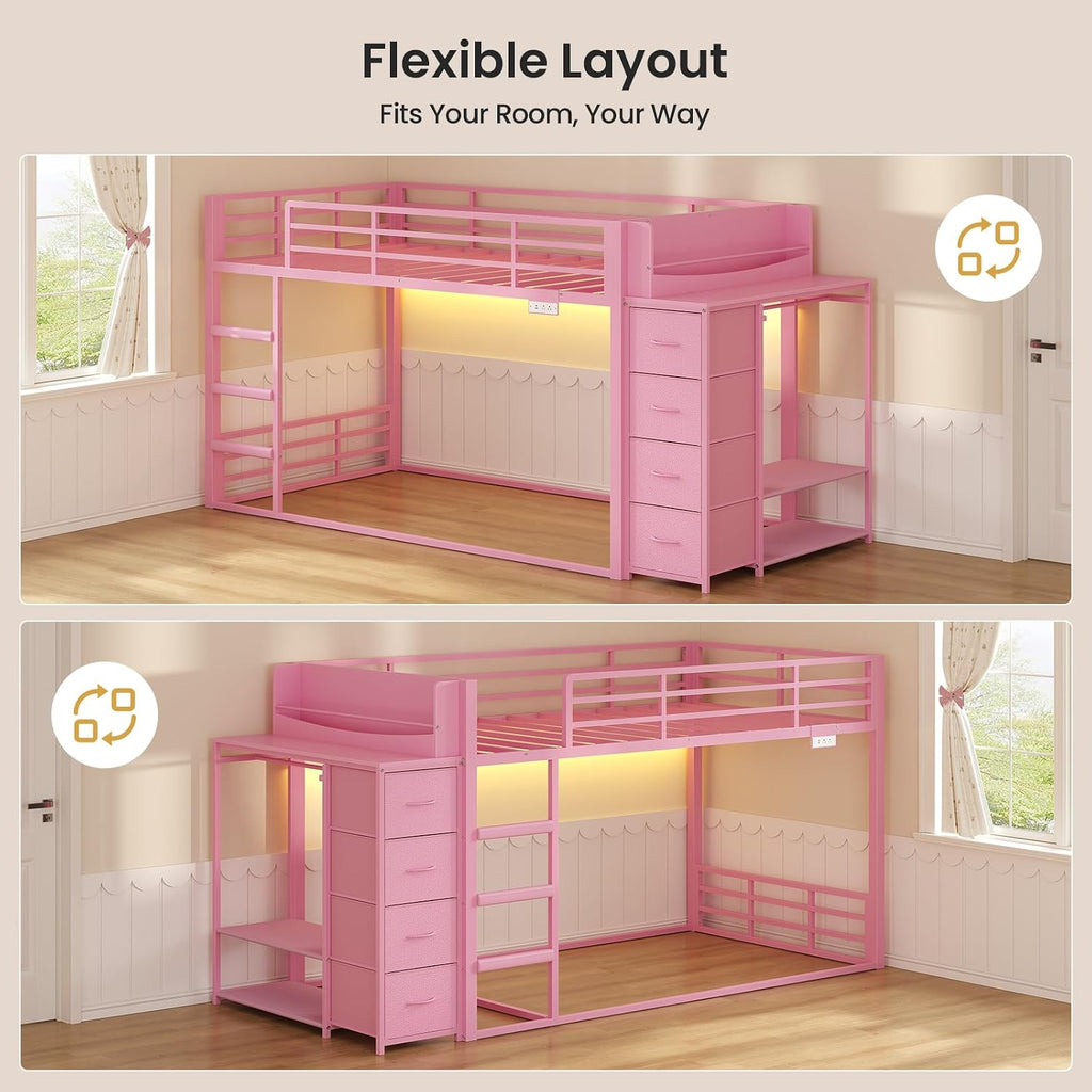 ADORNEVE Low Bunk Bed Twin Over Twin with Bookshelf, 4 Storage Drawers, Metal Kids Bunk Bed with Charging Station & RGB Lights, Clothing Rack & Shelves, Safety Guardrail & Ladder, for Girls, Pink