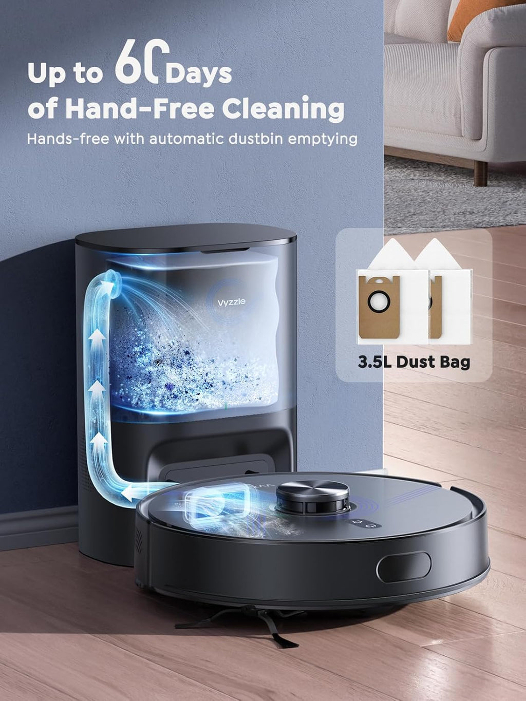 Vyzzle Robot Vacuum and Mop, 4-in-1 Robotic Vacuum Cleaner with Self-Emptying Base, 8000Pa Vacuum Robot with LiDAR Navigation, 60 Days Capacity, Ideal for Pet Hair, Hard Floors, Carpet, E20