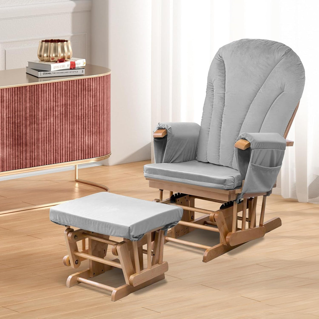 ANMINY 5pcs Glider Rocker Replacement Cushions Set Pack of 2 - Thickened Velvet Glider Rocking Chair Cushions with 29 inch High Backrest & Side Pockets for Indoor Nursery, Washable & Non Slip, Gray