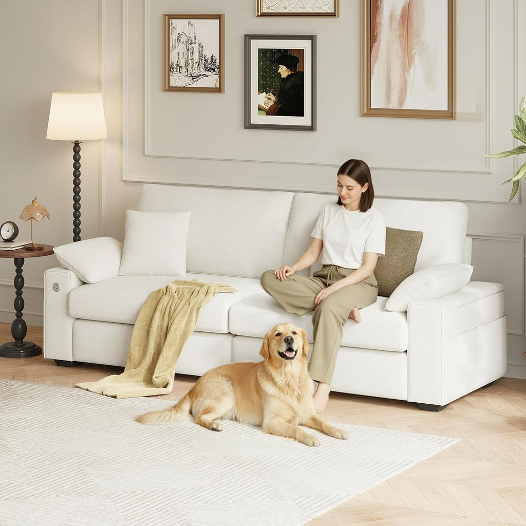 MALOL 89' Loveseat Sofa, Cloud Foam Couch, 3 Seater Upholstered Midcentury Mondern Love Seat with USB Type C Ports, 4 Pillows and Storage Armrest for Living Room/Small Spaces, Beige | Breathable material