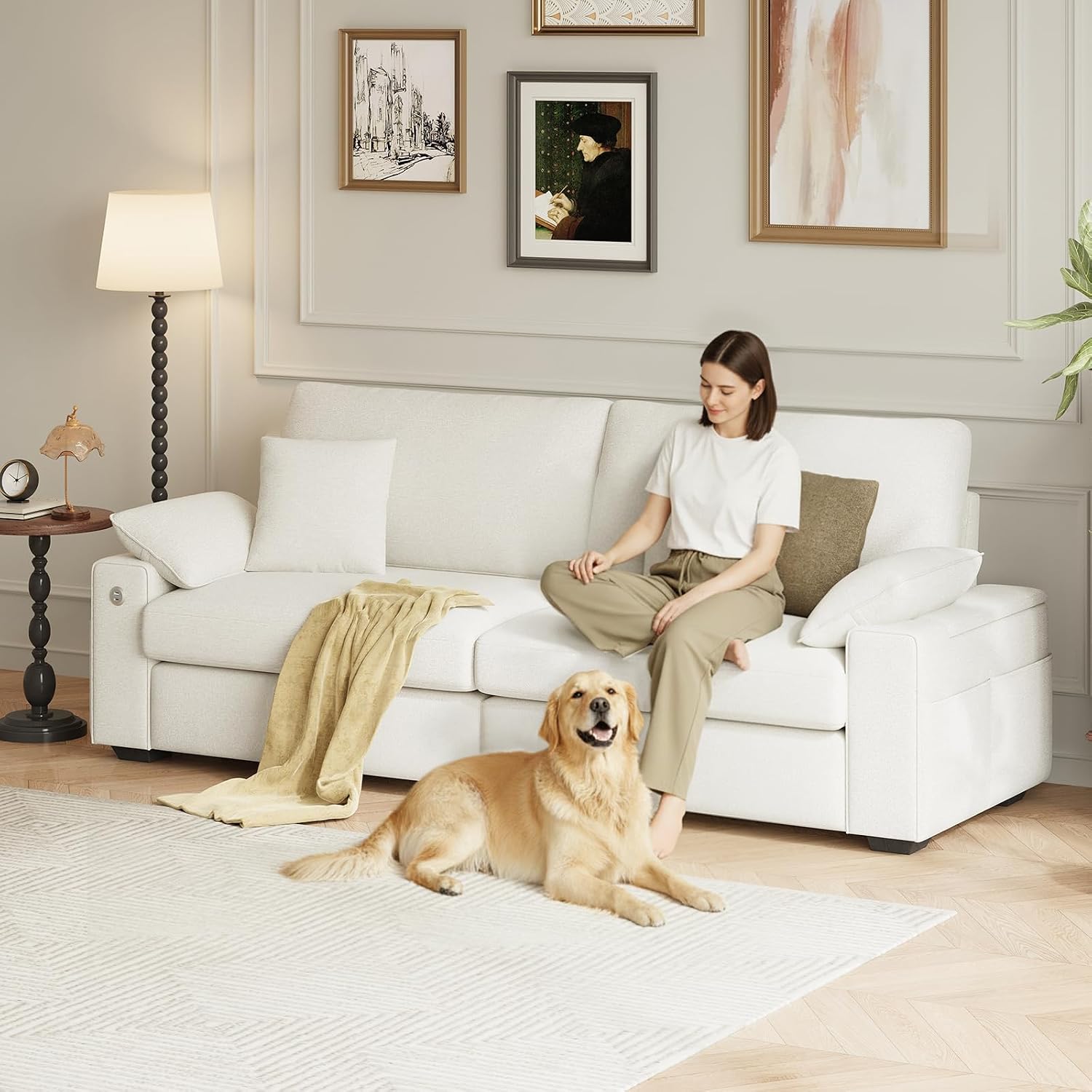 MALOL 89' Loveseat Sofa, Cloud Foam Couch, 3 Seater Upholstered Midcentury Mondern Love Seat with USB Type C Ports, 4 Pillows and Storage Armrest for Living Room/Small Spaces, Beige | Breathable material