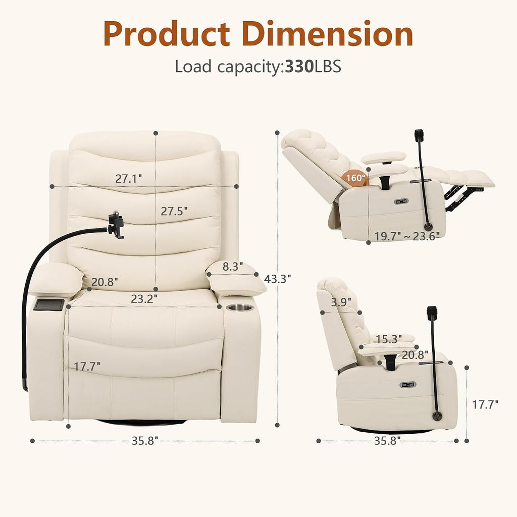 Holaki Rocking Chair Nursery, Oversized Glider Recliner Nursery Chair Swivel Reading Chair with Heated Lumbar Support Smart Cup Holder and Fast-Charging Phone Mount for Breastfeeding(Beige)