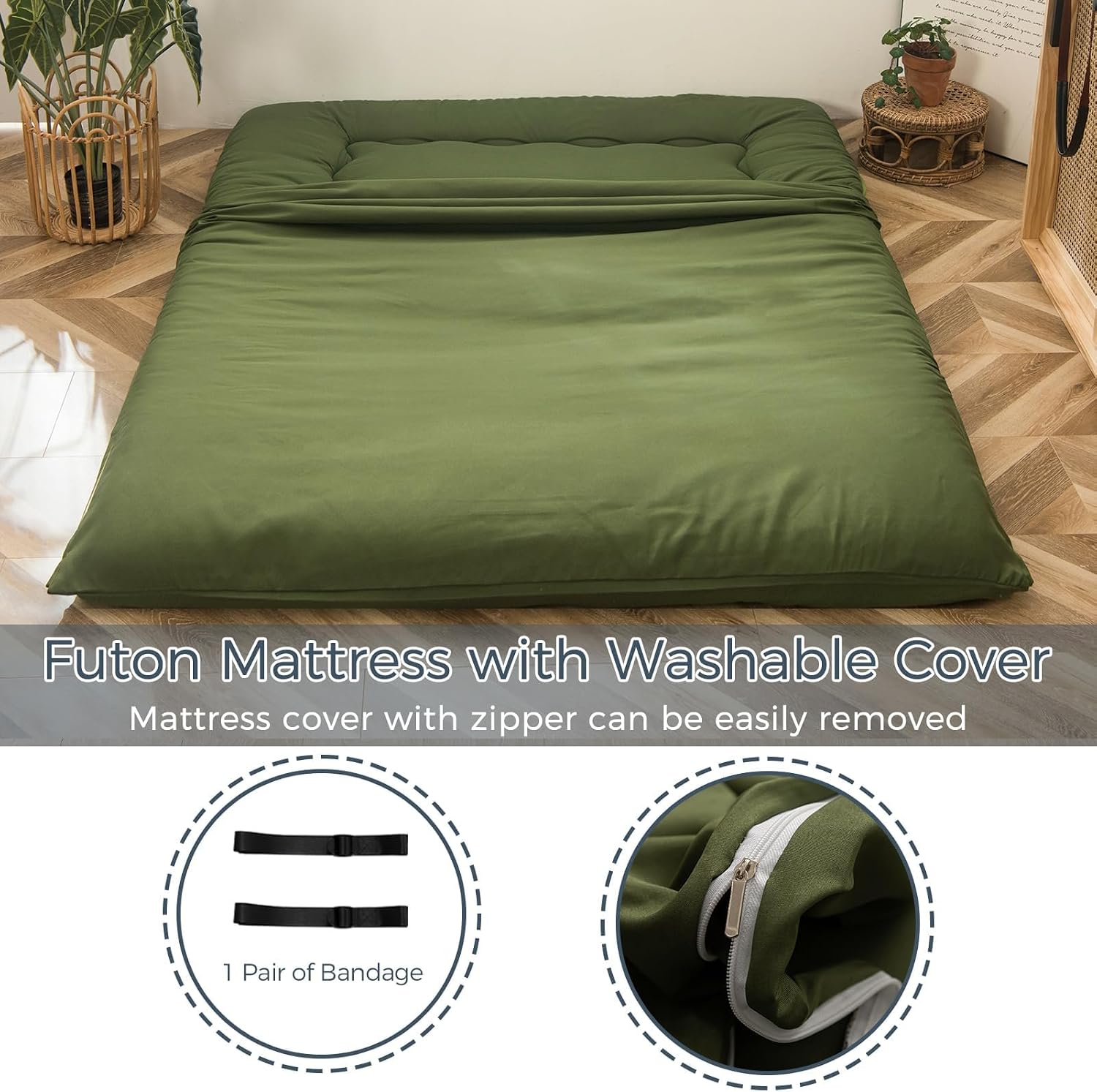 MAXYOYO 6' Extra Thick Japanese Floor Mattress Futon Mattress, Foldable Tatami Pad for Adults, Roll Up Floor Mat for Living Room Guest Room RV, Green, Full