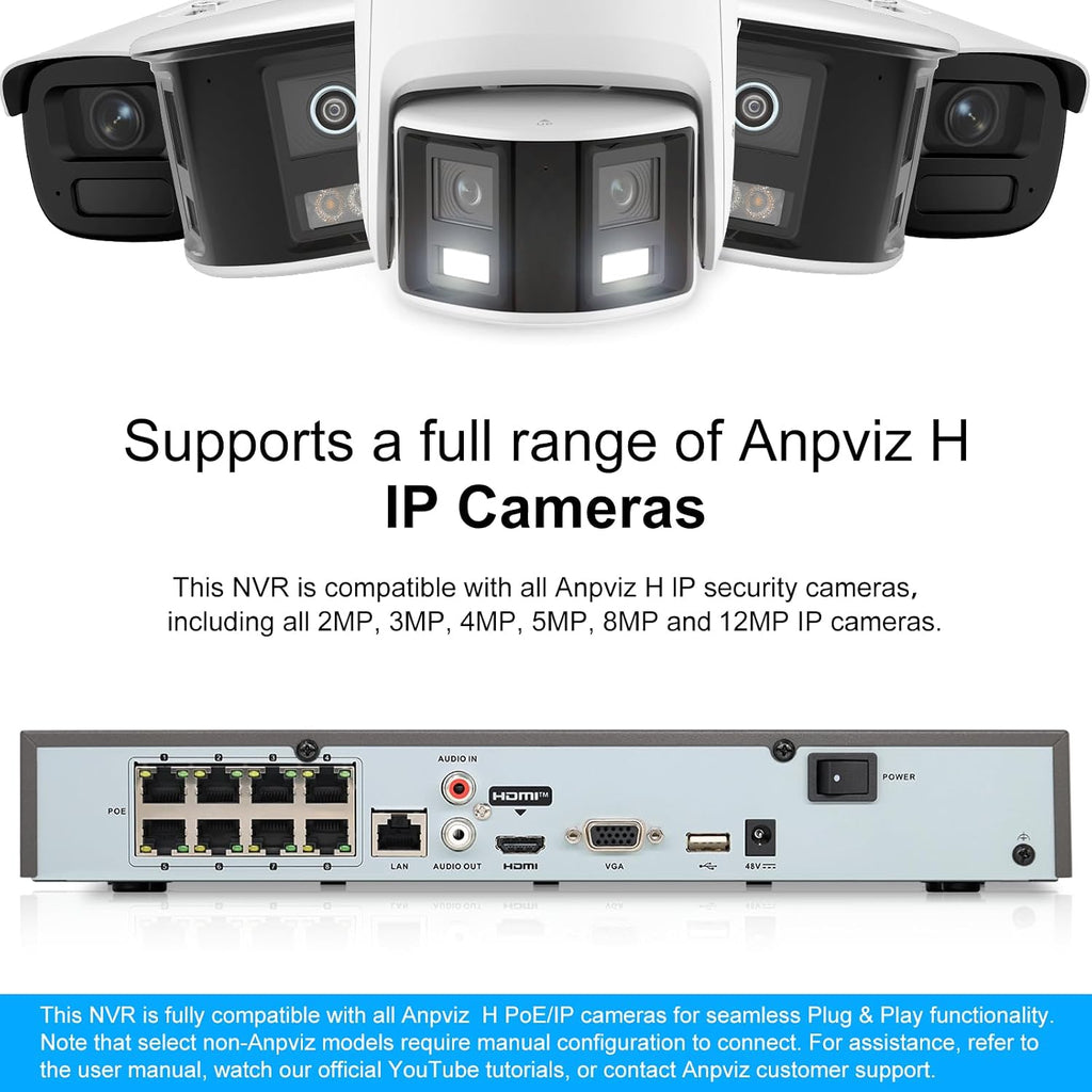 Anpviz AI 12MP 8CH POE NVR (12MP/8MP/6MP/5MP/4MP) Smart AI POE Network Video Recorder - Supports up to 8 x 12MP POE Cameras, 8-Channel Power Over Ethernet (Not Included HDD) NVR7608Q1-8P (H Series)