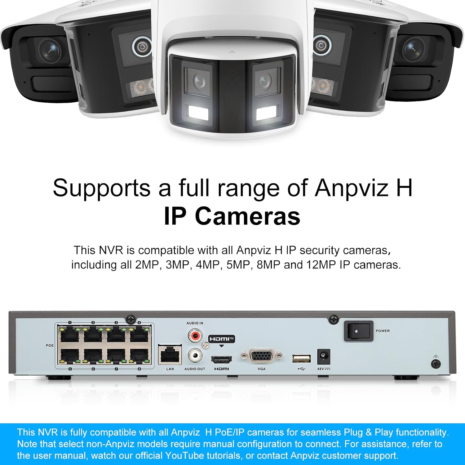 Anpviz AI 12MP 8CH POE NVR (12MP/8MP/6MP/5MP/4MP) Smart AI POE Network Video Recorder - Supports up to 8 x 12MP POE Cameras, 8-Channel Power Over Ethernet (Not Included HDD) NVR7608Q1-8P (H Series)