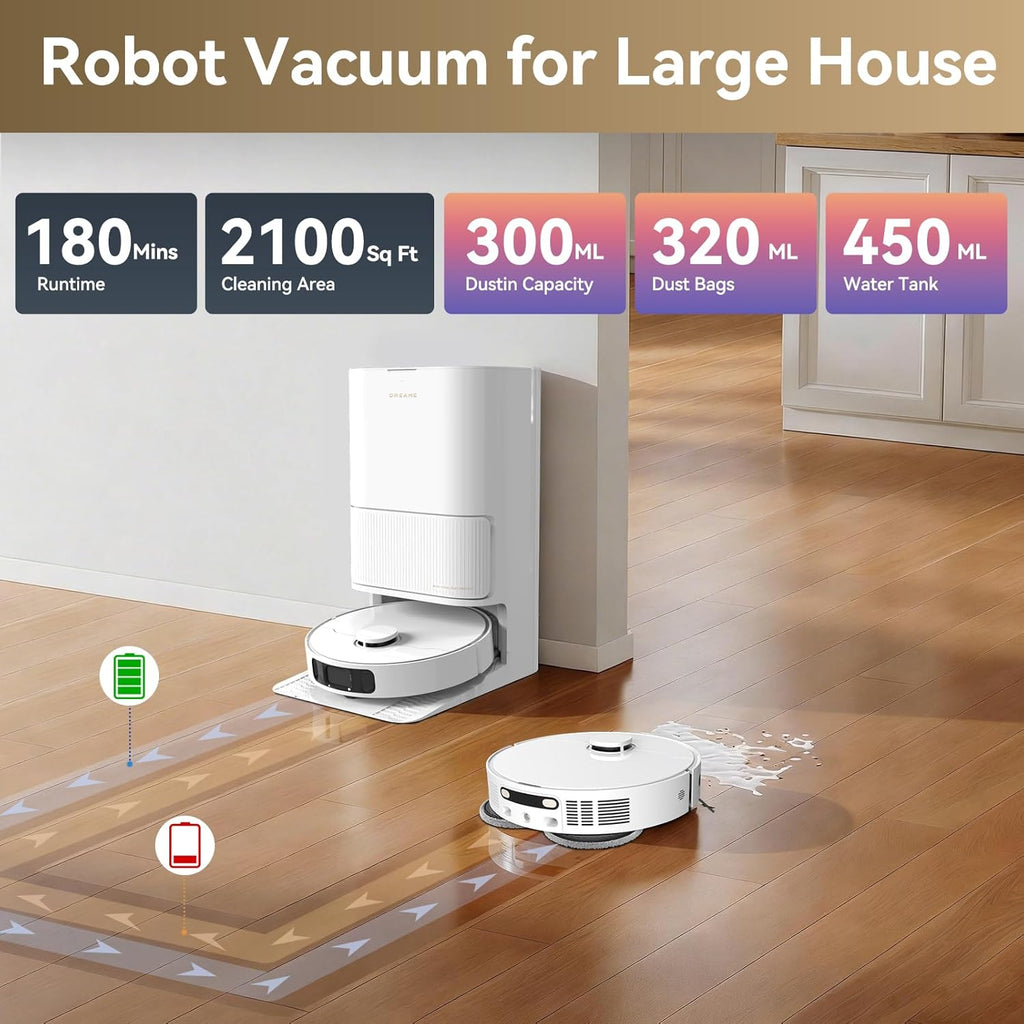 DREAME Govac 401 Robot Vacuum and Mop Combo, 100 Days Self-Emptying Robotic Vacuum, 15,000Pa Suction, Auto Mop Wash & Heat Dry, 10.5mm Auto-Lift Robot Vacuum Cleaner for Pet Hair/Carpet/Hard Floor