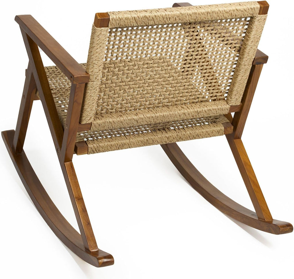 TeakCraft Teak Rocking Chair with Rattan Seat for Adults, Indoor & Outdoor Rocking Chair, Accent Chair, Durable for Patio, Porch, Garden, Living Room, Nursery, Balcony, All Season, The Alinda