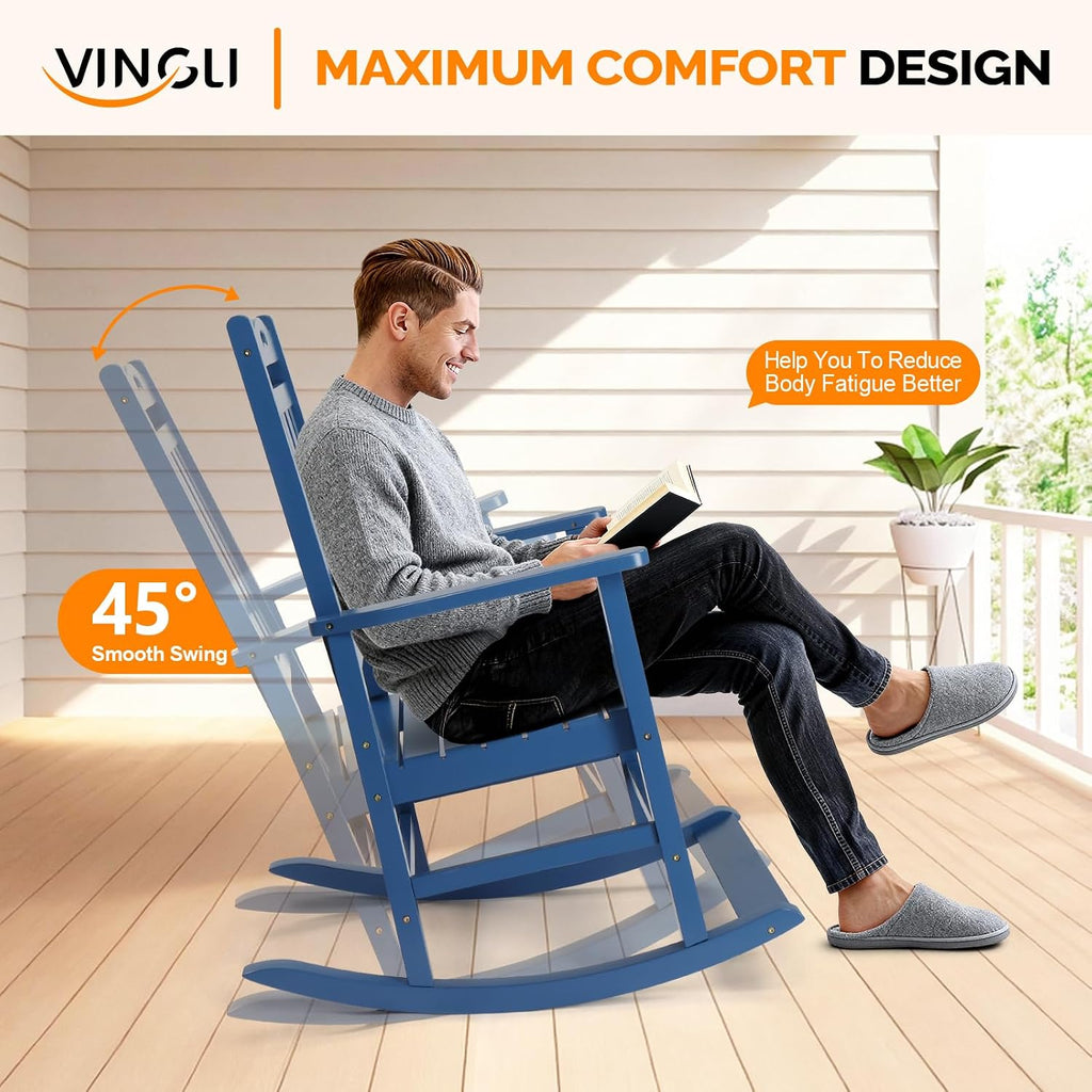 VINGLI Outdoor Rocking Chair with Footrest, Wooden Rocking Chair with 450 LBS Weight Capacity, Patio Rocker with Comfortable Backrest for Garden, Yard (Navy Blue, 2PCS)