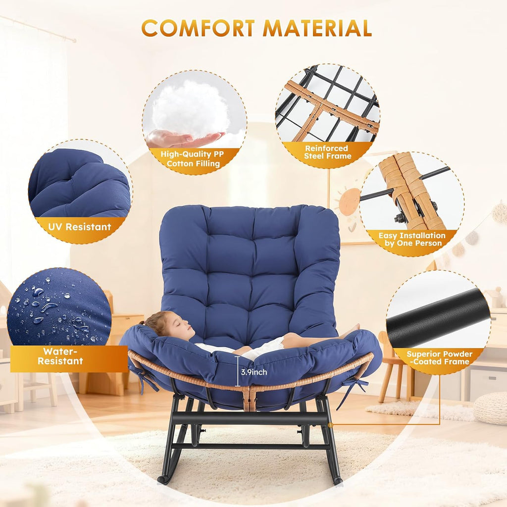 IDEALHOSUE Papasan Rocking Chair with Foot Rest, Ergonomic Papasan Chair with Thick Waterproof Cushion, Metal Frame & PE Rattan Lounge Chairs for Living Room Bedroom Relaxation Space