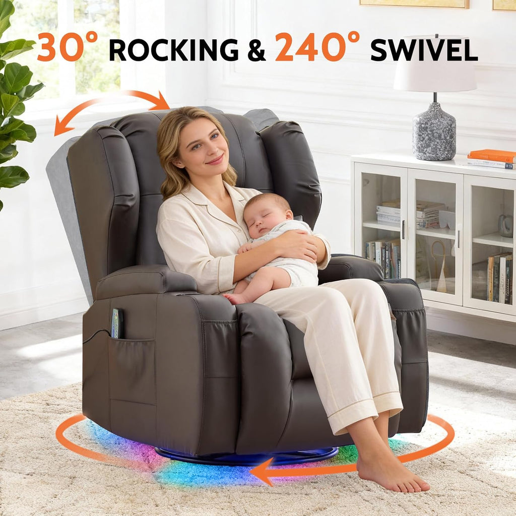BINGTOO Dual Motor Power Swivel Rocker Recliner Chair with Massage & Heat, Electric Wall Hugger Glider Chair for Adults, Nursery with LED Lights, USB-C Ports & Cup Holders, Faux Leather Brown, 1 Chair
