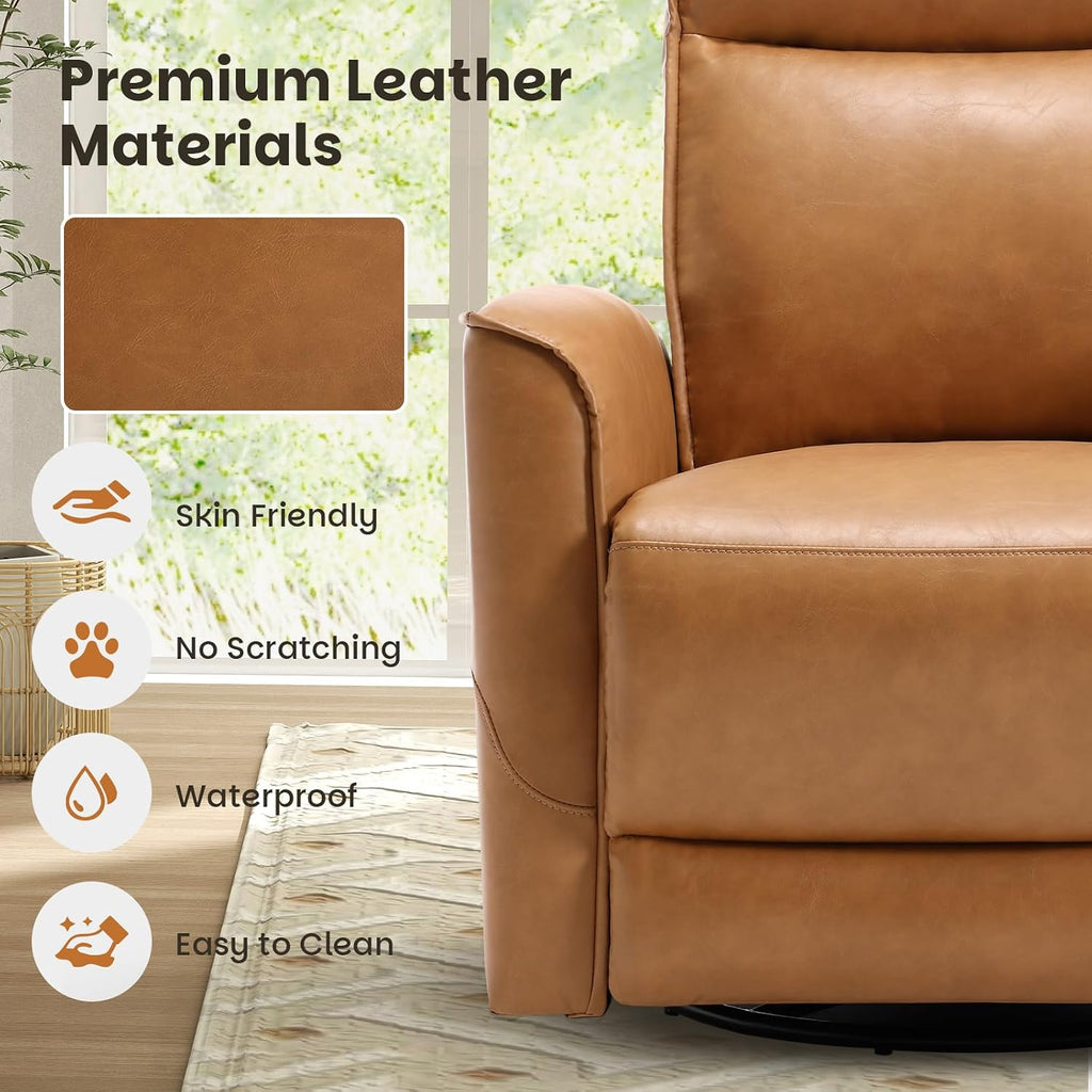 CANMOV Leather Recliner Chair, Swivel Rocker Recliner Chair, 360°Swivel Nursery Glider Recliner, Manual Recliner for Small Spaces,Living Room,Bedroom,Brown