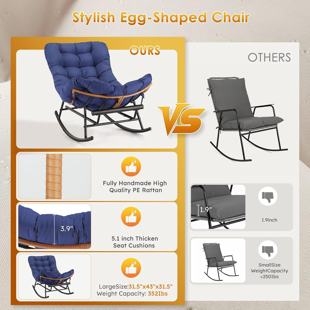 Indoor Papasan Rocking Chair, Rattan Rocker with Extendable Footrest & Detachable Polyester Cushion, 450lbs Sturdy Large Reading Lounge for Indoor Bedroom Living Room, Royal Blue