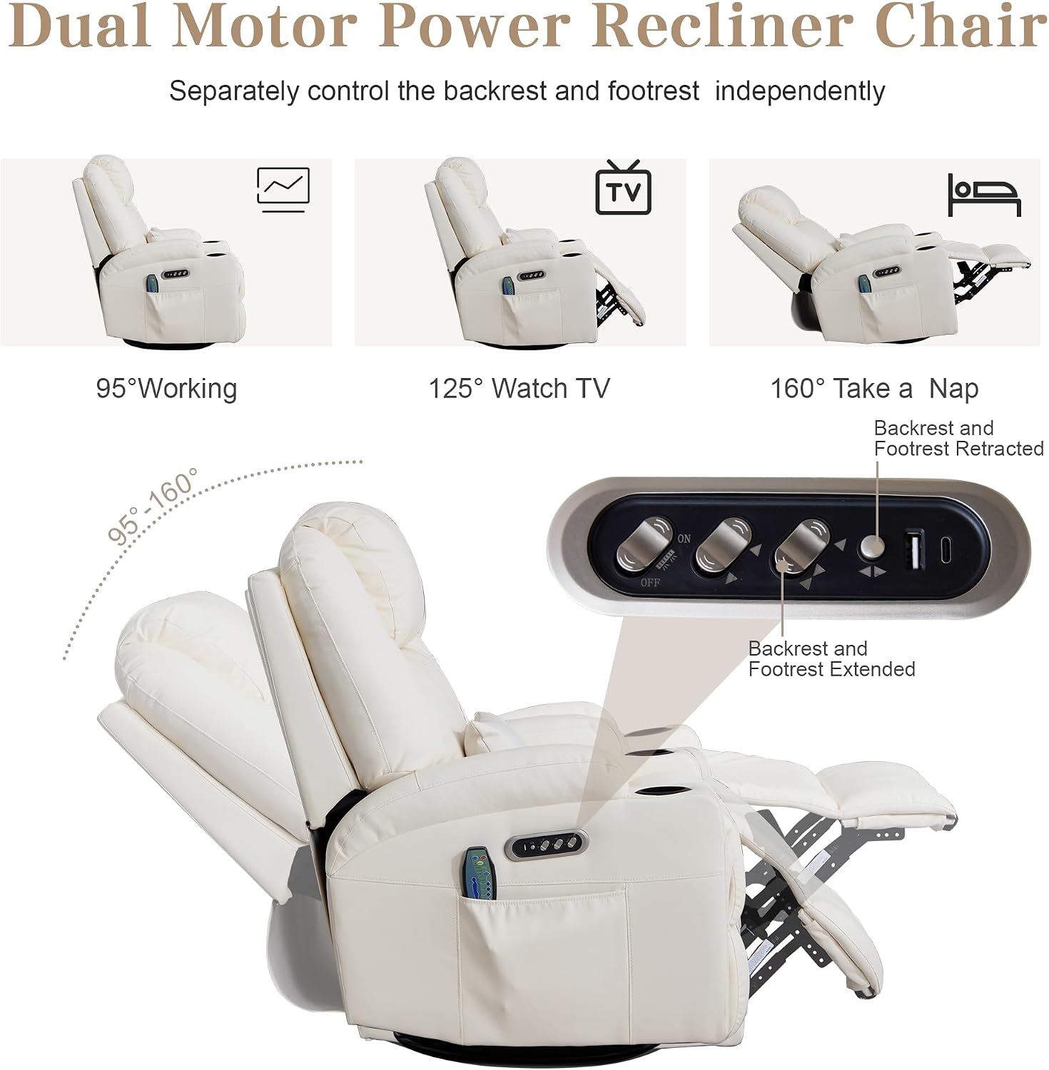 AHMED Rocking Recliner Nursery Chair, Dual Motor Power Swivel Glider Recliner with Heat & Massage, Nursery Recliner Chair with USB A/C Ports, Cup Holders & LED Light for Living Room & Bedroom, Beige