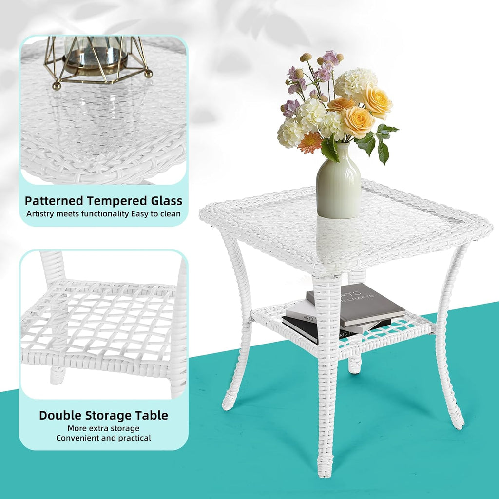 MEETWARM 3 Pieces Patio Conversation Set, Rattan Outdoor Rocking Patio Bistro Set with 2 Rockers and 1 Side Table with 4' Thick Cushions, Outdoor Furniture Set for Porch Backyard, White Wicker/Navy
